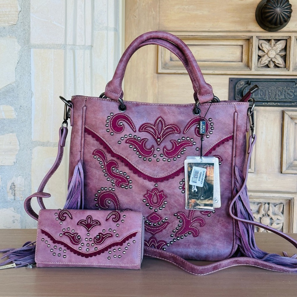Montana West Purple Studded Fringe Satchel with Matching Wallet - Picture 2 of 10